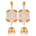 Cubic Zirconia, Pearl and Gold Plated Jhumka Earring